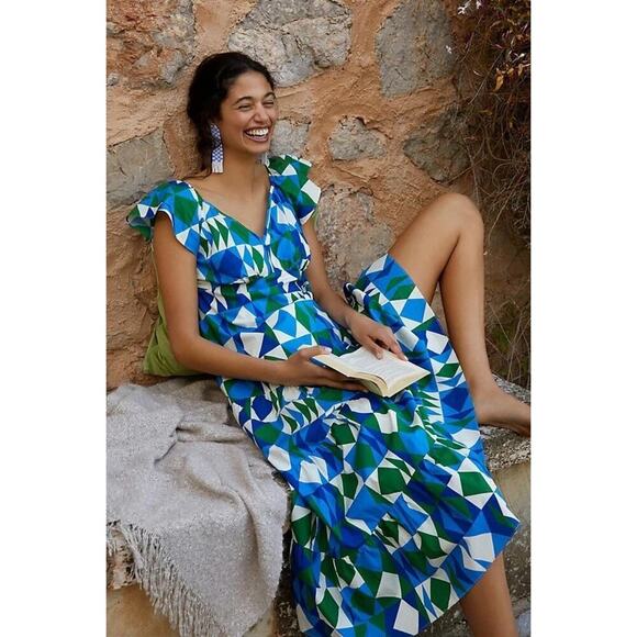 FARM RIO Medium Tiered Maxi Dress Carmelita Geometric Blue Green Ruffle - Picture 1 of 9